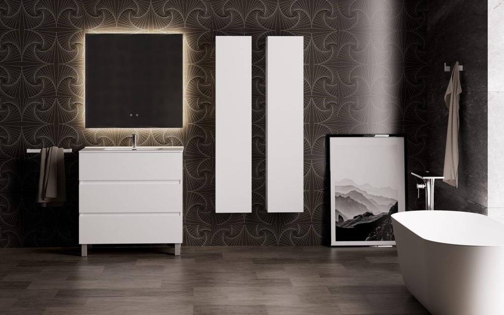 Ambiente con mobiliario de baño Atrani lacado brillo con dos columnas auxiliares